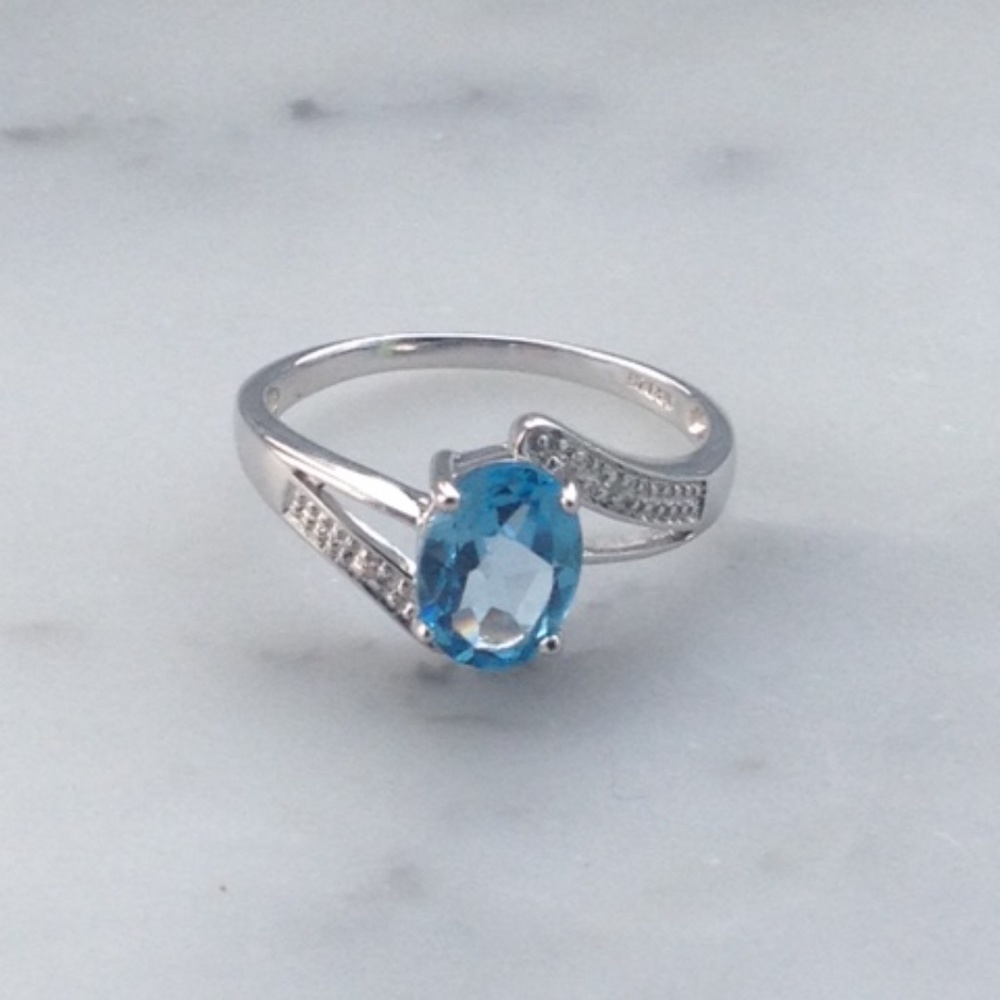 Genuine Diamond Blue Topaz Oval Cut Ring